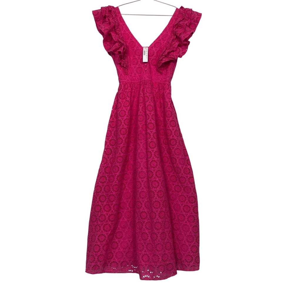 NWT J.Crew Women Maxi Dress 00 Pink Eyelet Ruffle V-Neck Cotton AP227 Lined